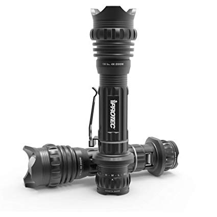 iProtec RC 380 Tactical Rechargeable Flashlight, Water and Impact Resistant, with Power Bank for USB Powered Devices, Charging Indicator and with AC and USB Cables Included - Black