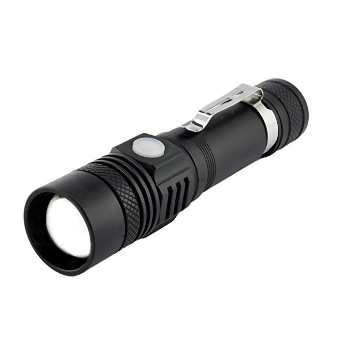 JPC Brightest 1000 Lumens XML-T6 Cree LED Tactical Flashlight 3 Lighting Modes with Adjustable Zoom and USB Cable Charging Function for 18650 Battery