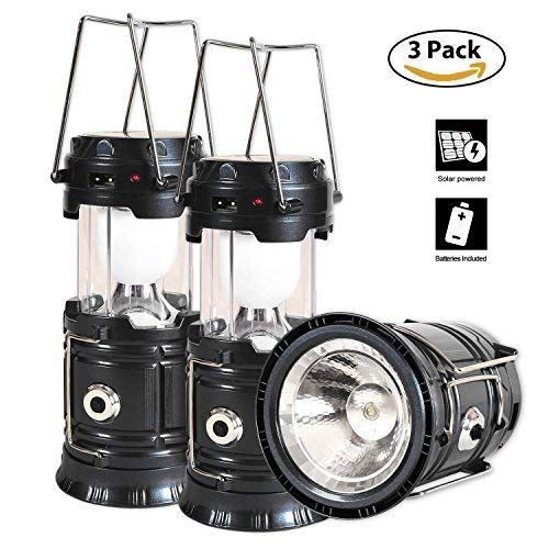 Solar Lantern Flashlight, 3 Packs Rechargeable Camping Lantern Led Collapsible, Bright Lights for Emergency, Hurricane, Power Outage(Black)