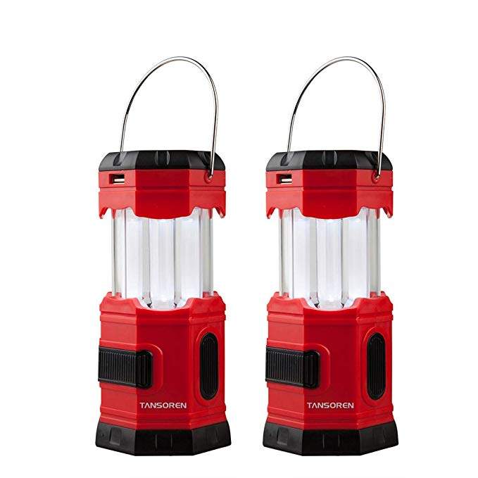 TANSOREN 2 PACK Portable LED Camping Lantern Solar USB Rechargeable or 3 AA Power Supply, Built-in Power Bank Compatible Android Charger, Waterproof Collapsible Emergency LED Light with