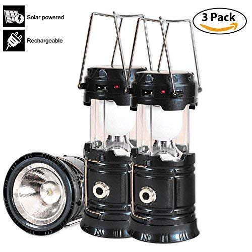 Solar Led Camping Lantern, 3 Pack Rechargeable Lantern Flashlight, Collapsible Outdoor Lamp Light for Emergency, Hurricanes, Power Outage, Storm (Black)