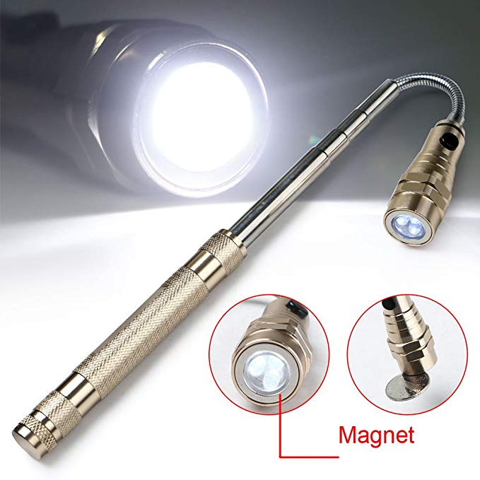 Flexible flashlight with Magnetic, 3 LED Torch Head Free to Bent & Telescoping - Pick Up Tool Lamp(6.69 inch, Gold)