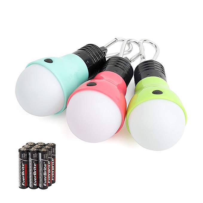 EverBrite Camping Lights 3-Pack Hanging Lantern LED Portable Bulb Tent Lamp High Low Strobe 3 Modes Battery Powered Assorted Colors for Camping, Reading, Emergency Battery Included