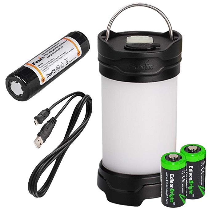 EdisonBright Fenix CL25R 350 lumen USB rechargeable camping lantern/work light (Black body), 18650 rechargeable battery with Two back-up use CR123A Lithium Batteries