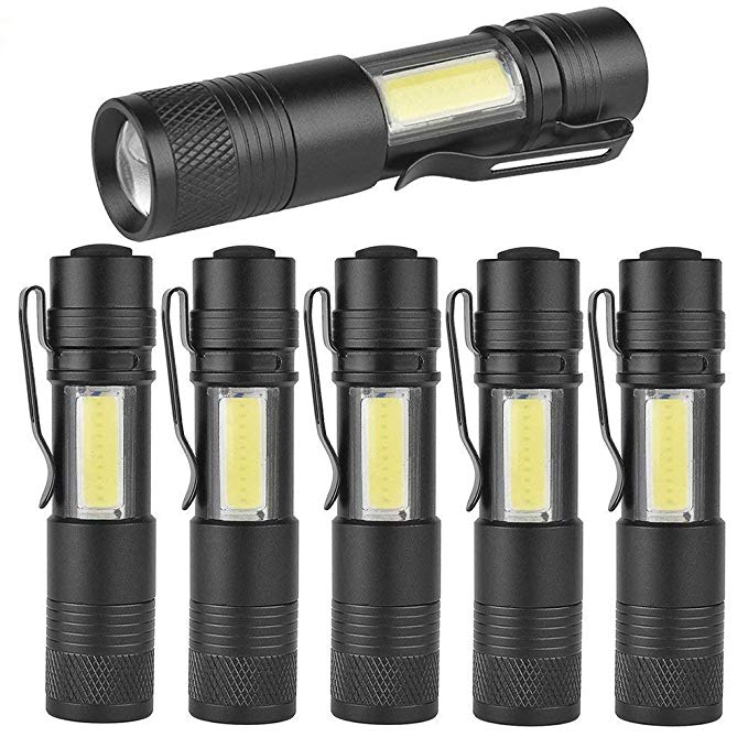 MODOAO COB LED Flashlights, Super Bright 200 Lumens Zoomable Work Light,Waterproof Pocket Lights with Cilp-6 Pack