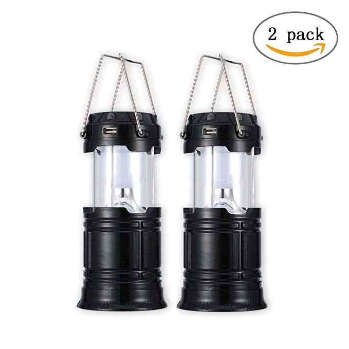 Solar LED Camping Lantern, Trymie 3 in 1 Portable Outdoor Rechargeable LED Tent Lamp Foldaway Handheld Flashlights with USB Power Bank for Hiking, Emergencies, Camping, Outdoors（2 Pack）