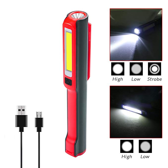 USB Rechargeable Work Light, RuiFengShun Portable COB Work Inspection Lights+LED Flashlight with Magnetic Base & 120° Rotating Clip, Multi Dimming Modes, for Car Truck Repair,Home Using, Emergency