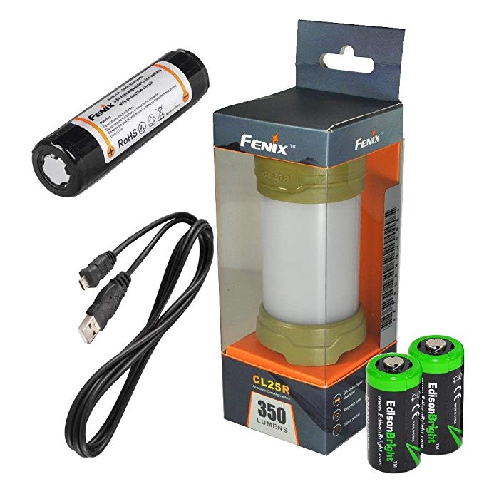 EdisonBright Fenix CL25R 350 lumen USB rechargeable magnetic base camping lantern/work light (Olive green body), 18650 rechargeable battery with Two back-up use CR123A Lithium Batteries