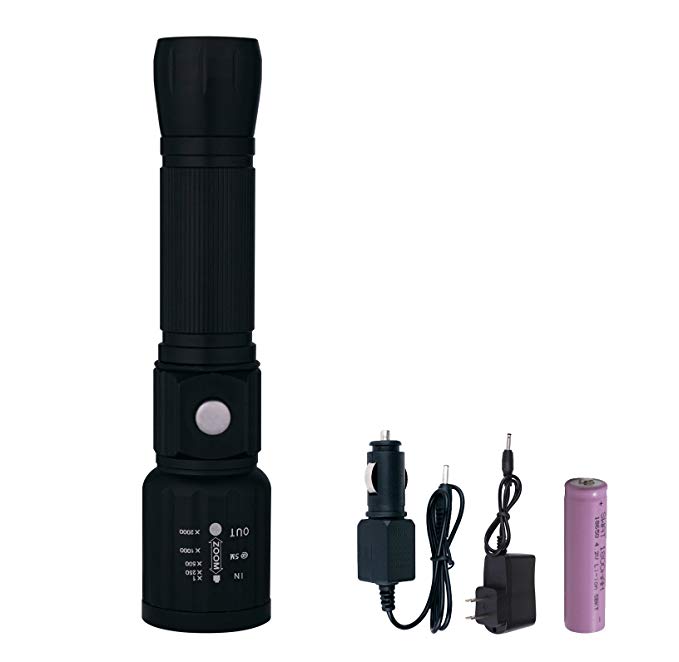 NVTED Rechargable LED Flashlight, Water Resistant 1500 lumen CREE-T6 Tactical LED Torch, Adjustable Focus with 5 Light Modes, AC+Car Charger+18650 Battery