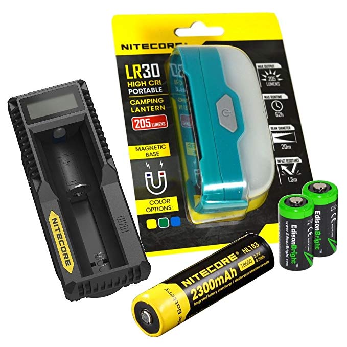 Nitecore LR30 camping lantern (Green body) with Nitecore UM10 USB charger, NL183 rechargeable 18650 Battery and 2 X EdisonBright CR123A Lithium Batteries Bundle