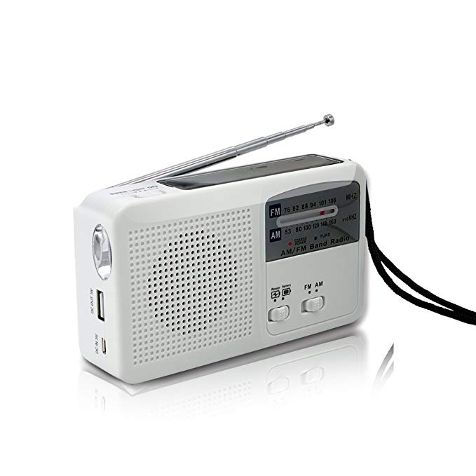 Emergency Radio with Solar and Hand Crank Self Powered, Battery USB Recharging FM/AM Radio LED Flashlight Cell Phone Charger(White)