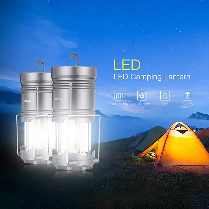 Pavlit LED Camping Lantern COB Technology Battery Powered for Hiking Emergency Hurricane, 2 Pack Camping Lantern with Hook - Magnetic Base - NEW COB LED Technology Emits 1000 Lumens- C (Grey)