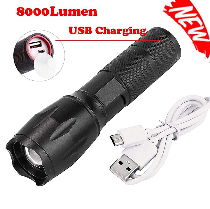 VIASA 8000Lumens T6 Zoomable Flashlight Lamp Hand Torch USB Charge Outdoor Flashlight