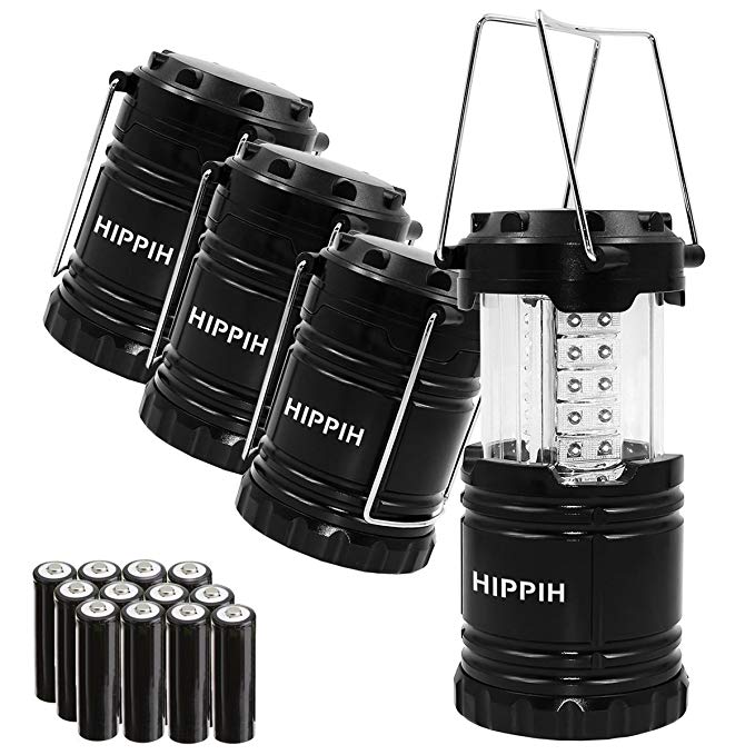 HIPPIH Led Camping Lantern, 4 Pack Portable Collapsible Outdoor Flashlight -Survival Kit for Hiking, Emergencies, Hurricanes, Outages, Storms (12 AA Batteries Included, Black)