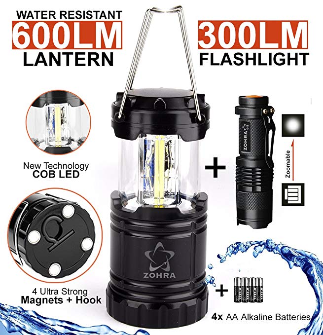 COB LED Lantern 600 Lumens & 300 Lumens Flashlight Gift box Kit with 4 AA Batteries, Magnetic Base, Ultra Bright Collapsible, Portable Hanging Survival, Emergency, Hurricane, Storm, Power Outage