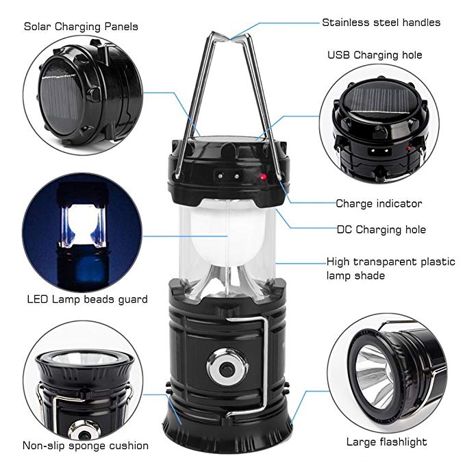 Solar Lantern: Camping Rechargeable LED Outdoor Lamp Flashlight Brightest Hanging Camp Pop Up Powered Best Collapsible Emergency Light with Battery Built In Phone Charger Black Power Outage Lights