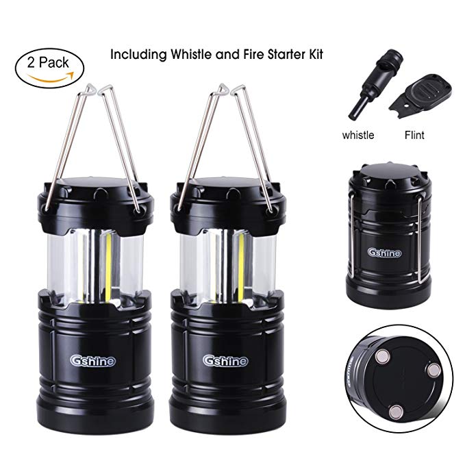 Gshine Camping Lantern, LED Lantern Lights Magnetic Base 2 Pack Portable Camping Gear COB Water Resistant Survival Kit Emergency, Whistle Fire Starter Kit Included (Black - Pack of 2)