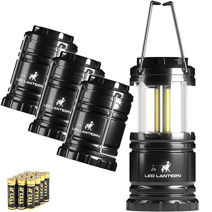 MalloMe LED Camping Lantern Flashlights 4 Pack - SUPER BRIGHT - 350 Lumen Portable Outdoor Lights 12 AA Batteries (Black, Collapsible)