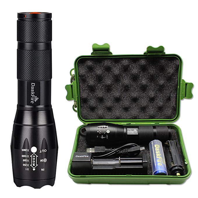 Super Bright Tactical Flashlight With Rechargeable Battery Charger, XML T6 LED 1000 High Lumen Zoomable Adjustable Focus (A100)