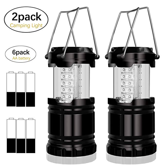 SuBleer 2 Pack Portable Outdoor LED Camping Lantern ,Bright Flashlights with 6 AA Batteries for Emergency,Hurricane,Outage, Backpacking,Hiking etc(Black,Collapsible)