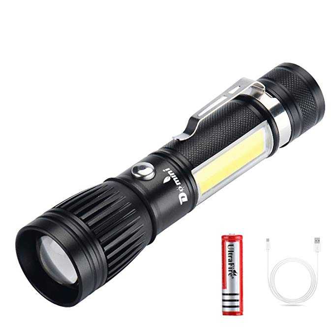 Domini LED Tactical Flashlight - USB Rechargeable Zoomable Flashlight XM-L T6 + COB Torch for Camp Emergency Reading Car Checking and Work with USB charging (18650 battery including)