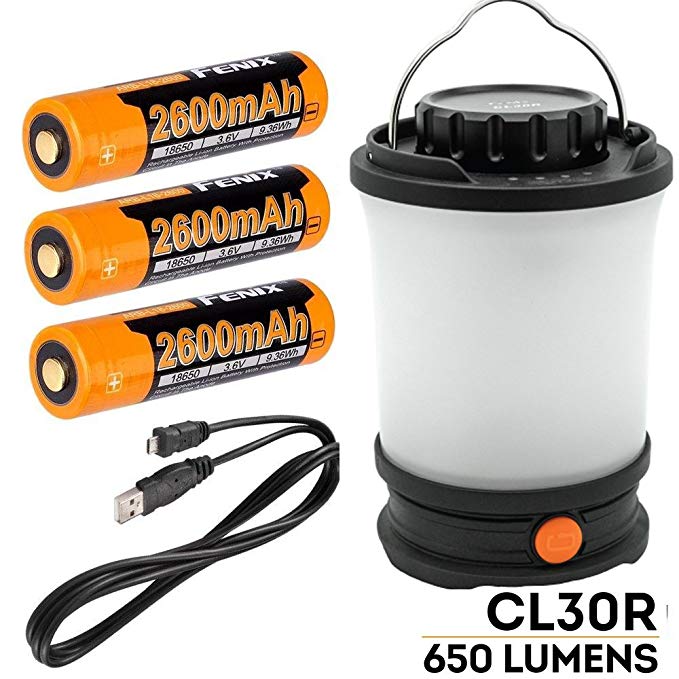 Fenix CL30R LED Camping Lantern 650 Lumen with 3 X 18650 rechargeable batteries and LegionArms USB charging cord