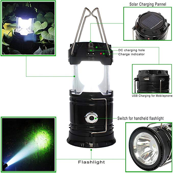 Updated Camping Lantern, Solar Rechargeable LED Camp Light & Handheld Flashlight in the Bottom for Hiking, Camping, Fishing, Hurricanes, Outages, Emergency Charging for Mobilephone (black)