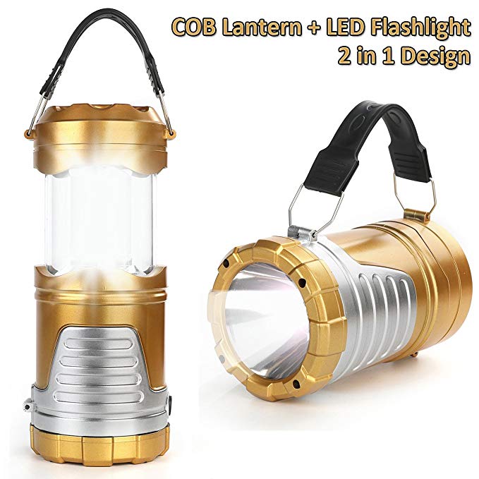 IRuiYinGo LED Camping Light, Camp Lantern Handheld Flashlight Portable Collapsible COB Lights Bulb Lamp Compact Gifts for Emergency, Survival, Hurricane, Power Outage, Gold (Battery Not Included)