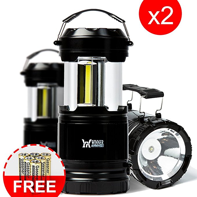 Winner Outfitters 2 Pack/1 Pack Portable Outdoor COB Camping Lantern with LED Flashlight, Great Lights for Hiking, Emergencies, Outages, Collapsible(2 Pack-6 AA Batteries & 1 pack-3 AA Batteries)