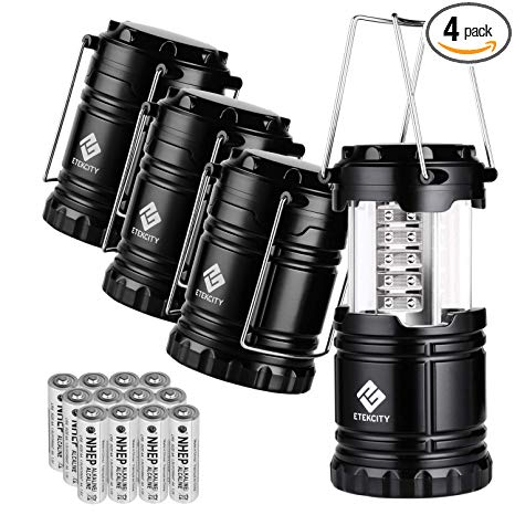 Etekcity 4 Pack Portable LED Camping Lantern with 12 AA Batteries - Survival Kit for Emergency, Hurricane, Power Outage (Black, Collapsible) (CL10)