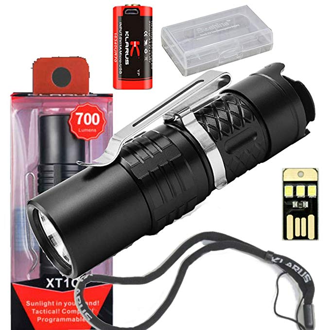 Klarus Upgraded XT1C SUPER BUNDLE includes XT1C 700 Lumen LED Flashlight, Rechargeable 16340 Battery, Lanyard, Spare O-ring, and Mini USB Light,battery case