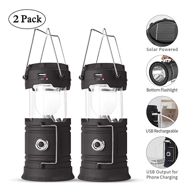 Solar Lantern Flashlights, 2 Pack USB Rechargeable Camping Lantern Led, Collapsible & Portable for Emergency, Hurricanes, Power Outage, Storm (Black)