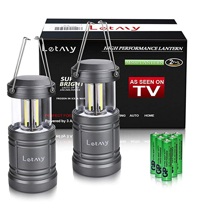 2 Pack Camping Lantern with 6 AA Batteries - Magnetic Base - NEW COB LED Technology Emits 500 Lumens- Collapsible, Waterproof, Shockproof LED Lantern with Detachable Handles by Letmy