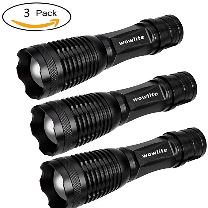 Tactical Flashlight Torches,Wowlite XML-T6 High Brightness Cree LED Taclight ,Rechargeable and Water Resistant Handheld Flashlight with 5 Light Modes & Adjustable Focus (3-Pack)