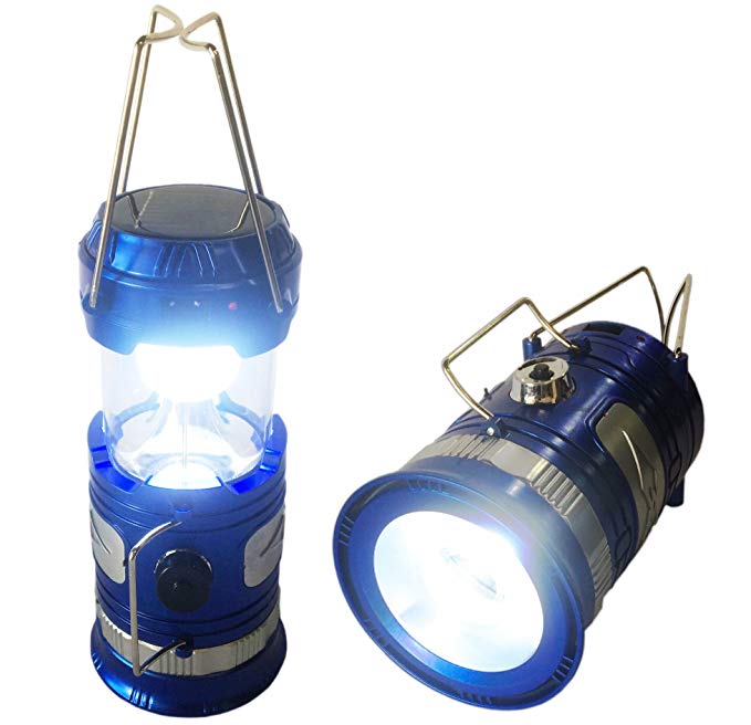 Camping Lantern, Solar Powered Rechargeable LED Camp Light & Handheld Flashlight in the Bottom for Hiking, Camping, Fishing, Hurricanes, Outages, Emergency Charging for Mobilephone (Blue)