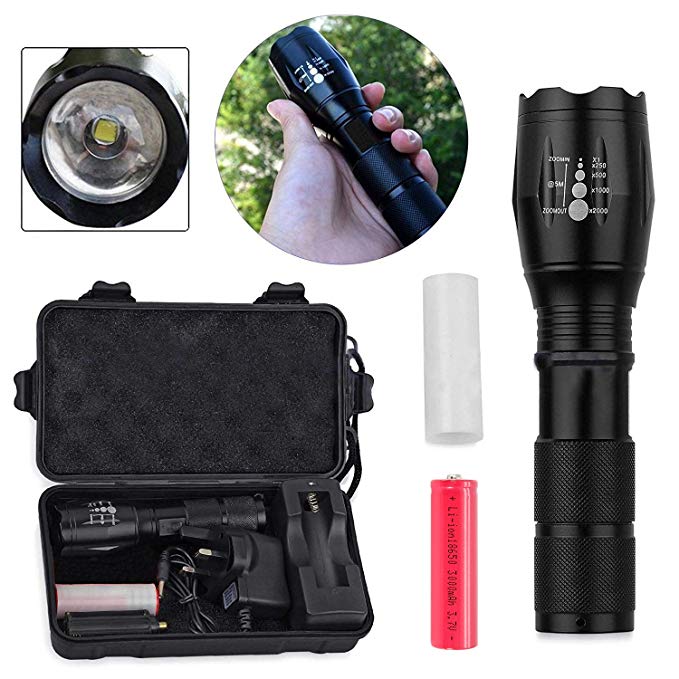 MakeTheOne XML-T6 1200lm LED Zoomable Torch Flashlight with18650 3000mah AAA Batteries Charger Case