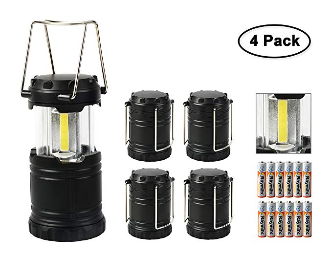 Worth LED Camping Lantern Ultra Bright Portable Collapsible Hanging Flashlight Water Resistant with 3 AAA Batteries for Hiking Fishing Black, 4 Pack