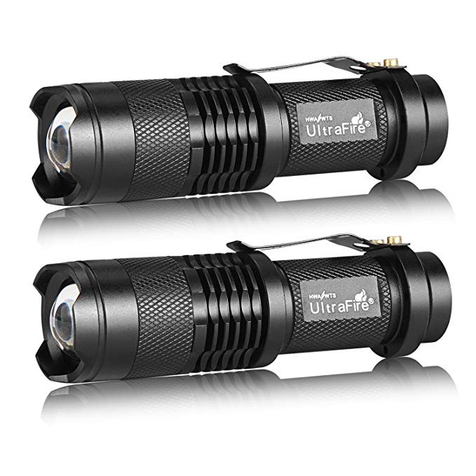 ULTRAFIRE 2 Pack LED Flashlight Tactical Flashlight and Small Mini Flashlights,7w 3 Mode Pocket Torch Adjustable Focus Zoom Light