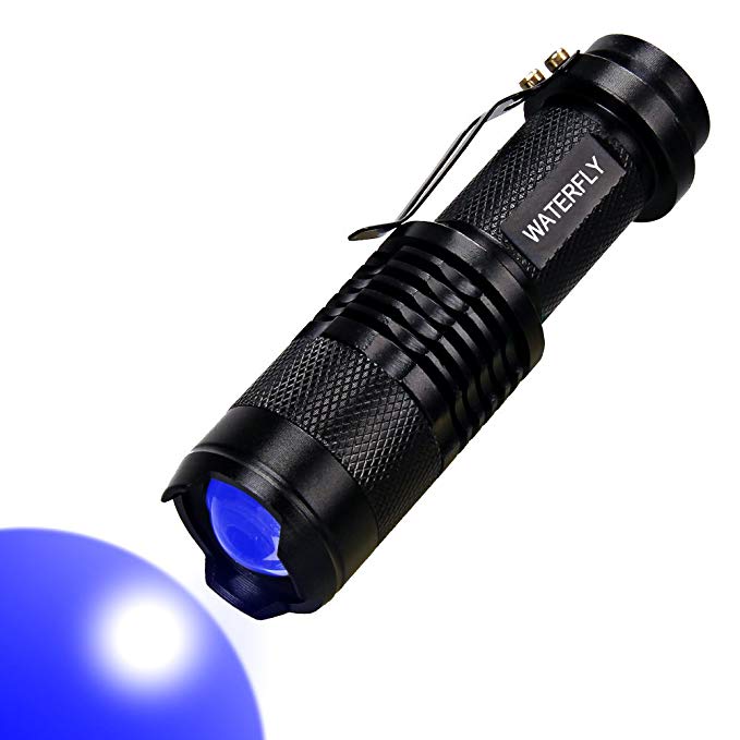 WATERFLY UV Flashlight Blacklight, Water Resistant LED Torch for Pets Stain Detector, Dog Urine Detector, Fluoreescent Powder Detecting Money Checker