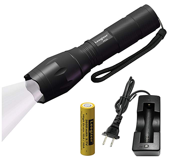 Leogizer Hand-held LED Flashlight Set, 5xLight Modes High Brightness 600Lumens Zoomable Torch, 2600mAh 3.7v 18650 Li-ion Battery and Charger for EDC Self-defence Camping Hiking