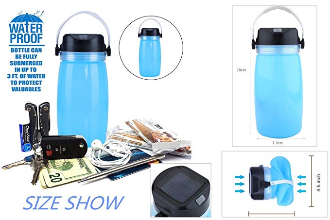Solar Lantern Bottle LED Solar Bottle Lights - Collapsible Foldable Silicone Water Bottle Waterproof Rechargeable Camping Lantern LED Light with USB Cable for Camping, Garden, Party (Blue)