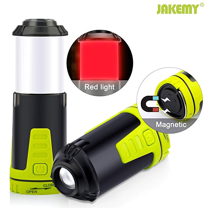 Flashlight Lantern, Jakemy 2 in 1 Magnetic Base Led Camping Lantern Red Light with 5 Modes Light for Hiking, Emergency, Outages - Waterproof, Collapsible, Shockproof
