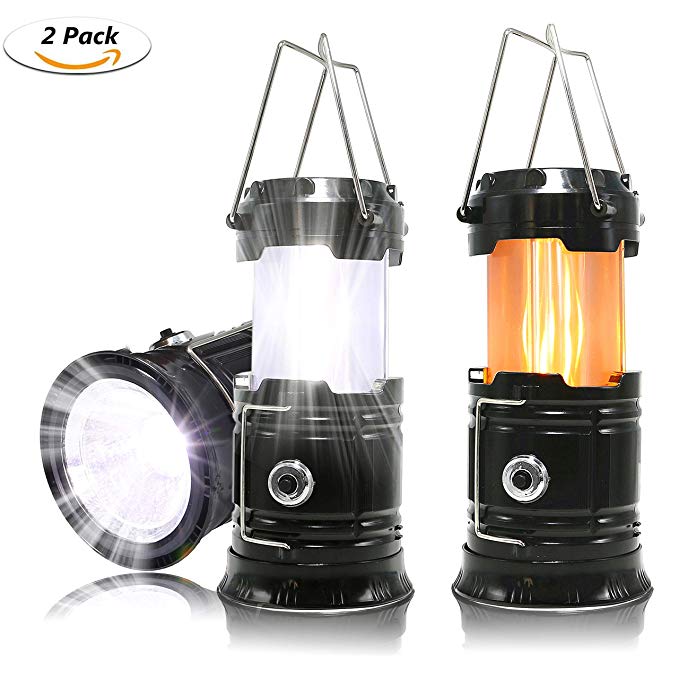 HLZHOU 2 Pack Portable LED Camping Lantern, [2018 UPGRADED][3-IN-1] Decorative Flame light Ultra Bright Flashlights Collapsible Survival Kit for Emergence, Outdoor Black (Batteries Not included)